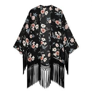 Torrid Cover-up Top Women's Plus SZ 1/2 Black 3/4 Sleeve Floral Fringe